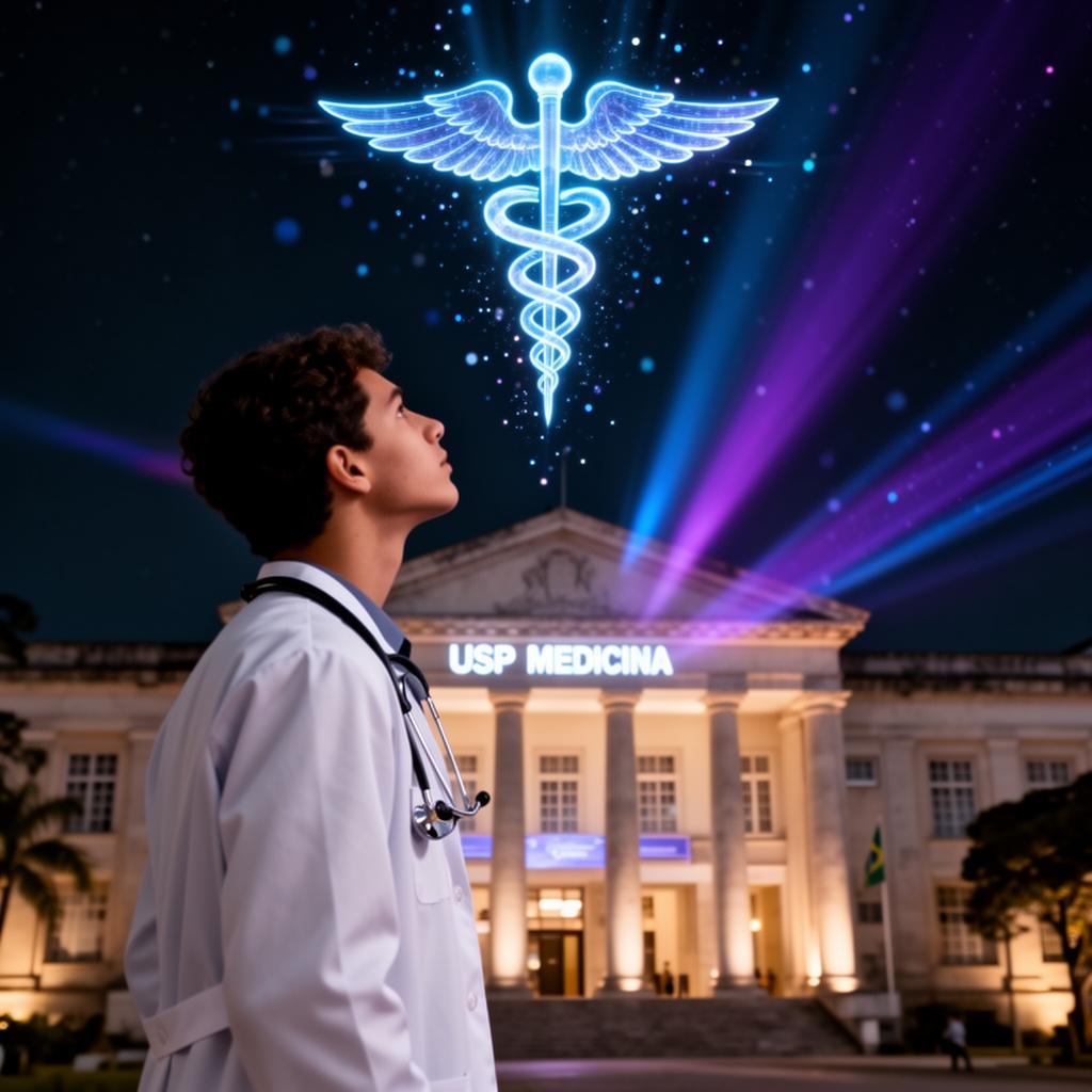 Estudante de Medicina diante da faculdade